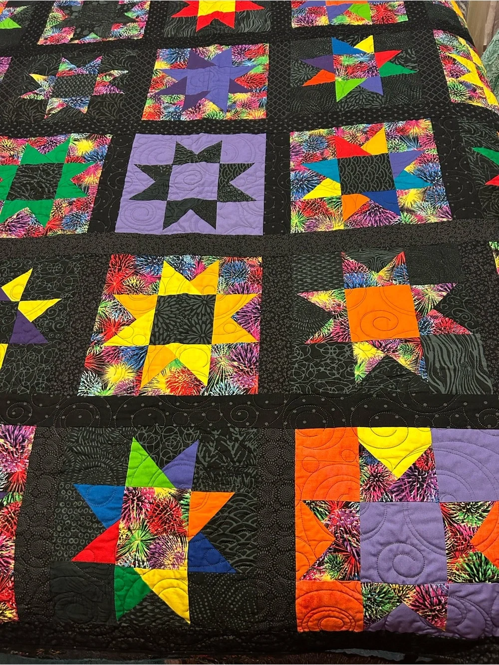 ONE OF A KIND - HANDCRAFTED Black Patchwork Star Quilt with Multicolor Accents